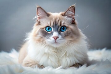 Obraz premium Candid Photography of a Ragdoll Cat Relaxing on a Light Grey Surface, Capturing the Beauty and Grace of This Adorable Breed in a Natural Setting