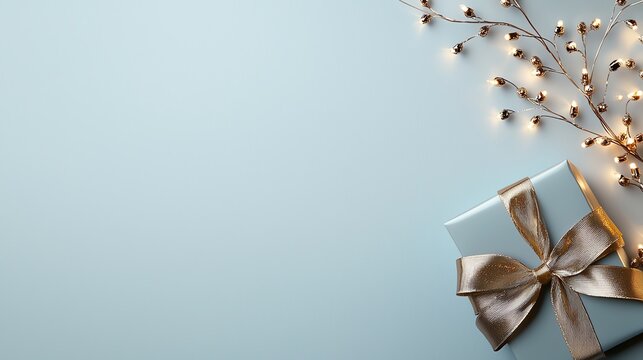 Elegant gift with golden ribbon and string lights on blue background.