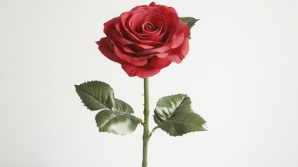 Naklejka premium A Single Red Artificial Rose with Green Leaves