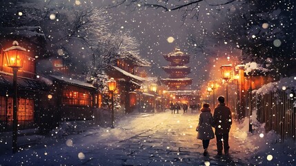 Obraz premium Romantic Couple Walking Through a Snow Covered Japanese Village at Night A Perfect Winter Wonderland Scene for Holiday Cards,Romantic Stories