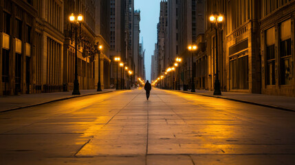Obraz premium Lone Figure Walking Through an Empty City Street at Dusk and Urban Streetscape