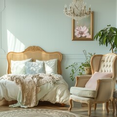 Charming bedroom with pastel-colored walls, a vintage wooden bed, and a cozy armchair by the window, soft morning light filtering in, clear light 