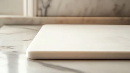 Fototapeta premium A white, square cutting board on a white surface.