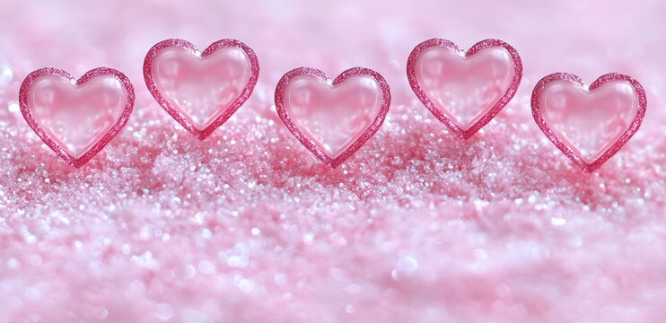 Four glossy red hearts on a sparkling pink glitter background, symbolizing love, romance, and elegance for festive designs. - Powered by Adobe