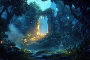 Obraz premium An ancient stone archway illuminated in a mystical forest.