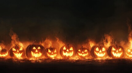 Naklejka premium Flaming Jack-o'-lanterns glow darkly on a spooky Halloween background illustration..