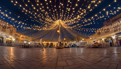 A beautifully lit outdoor space adorned with string lights at night.