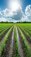Lush green rice field under a bright sky with clouds.