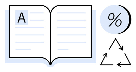 Open book with text, percentage symbol, and recycling triangle. Ideal for education, sustainability, mathematics, statistics, literacy, environmental consciousness, and academic research. Line