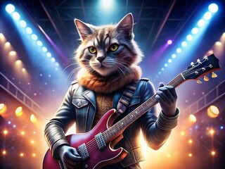 Obraz premium Cartoon Cat Rock Star Portrait - Cool Feline Musician Illustration