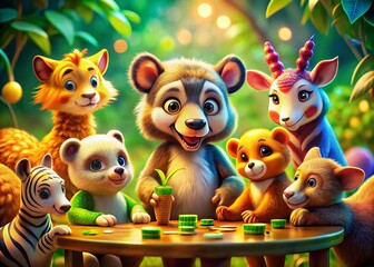 Cartoon Wild Animals Bokeh: Fun Differences Game, Playful Jungle Friends, Adorable Animals, Blurred Background