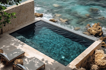 Infinity pool overlooking turquoise ocean with lounge chairs.