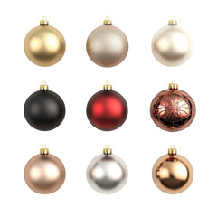 Black and white Christmas ornaments with patterns of snowflakes, polka dots, and hearts arranged in a grid, isolated on white. Concept: modern holiday design.

