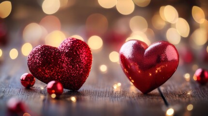 Fototapeta premium Two Red Glitter Hearts Festive Holiday Decor