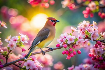 Cedar Waxwing Chokecherry Blossoms: Spring Bird Photography, Wildlife Art, Nature Image
