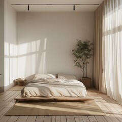 Serene minimalist,  bedroom with white linens, wooden rug,  soft white curtain, and potted plant in the corner, clear light