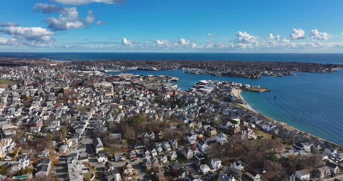 Gloucester, MA, USA - November 29, 2024:  Autumn aerial, drone, video of the City of Gloucester, Massachusetts, MA, USA.