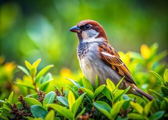 Charming Sparrow Perched on a Bush Gazing into the Camera with a Lush Green Background in High Depth of Field, Capturing the Beauty of Nature and Wildlife Photography