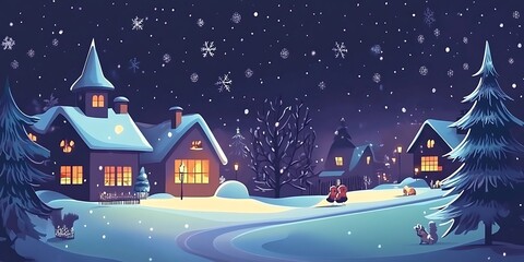 Fototapeta premium A charming winter village scene perfect for Christmas and holiday greeting cards, websites, and social media posts