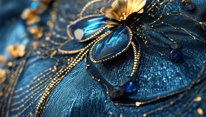 Intricate blue fabric adorned with golden floral embellishments.