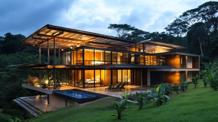 Modern architectural home with large windows and a pool in nature.