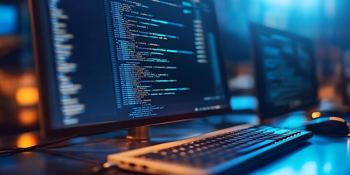 Close up shot of a computer screen displaying lines of code, with a keyboard and mouse in the foreground