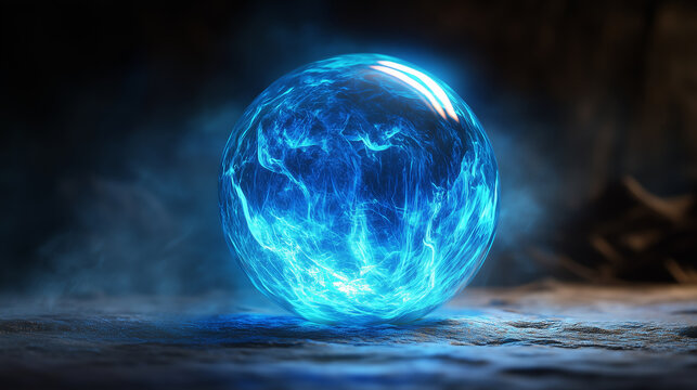 A glowing blue orb of energy, swirling with ethereal light and crackling with power, sits on a dark, textured surface.