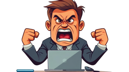 An angry businessman shouting at a laptop, expressing frustration in a cartoon style.