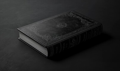 A closed black book with ornate detailing on a dark surface.