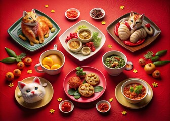 Fototapeta premium Chinese Zodiac New Year: Cat, Dragon, Tiger Mascots - Red Silhouette Illustrations