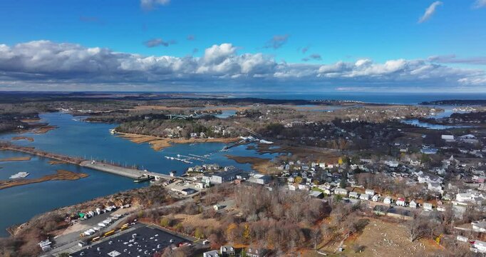 Gloucester, MA, USA - November 29, 2024:  Autumn aerial, drone, video of the City of Gloucester, Massachusetts, MA, USA.