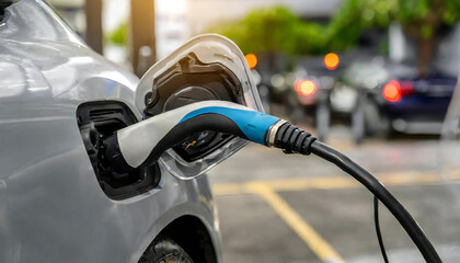 Public charging station. Electric car. EV charger. Close-up of the charging handle.