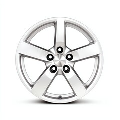 A sleek, modern silver alloy wheel with a five-spoke design, featuring black lug nuts and a polished finish, ideal for enhancing vehicle aesthetics.
