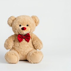 Obraz premium A cute teddy bear with a red bow tie, sitting against a plain background, perfect for gifting or decoration.