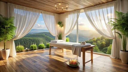 Fototapeta premium Elegant Minimalist Massage Room with White Drapes for Relaxation and Serenity in Spa Environment