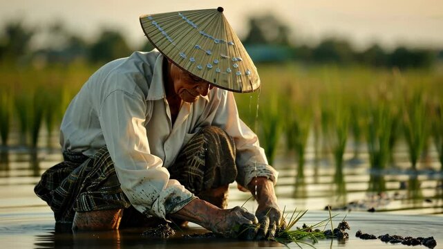 Elderly Asian farmer transplanting rice seedlings at sunrise, straw hat dripping with water