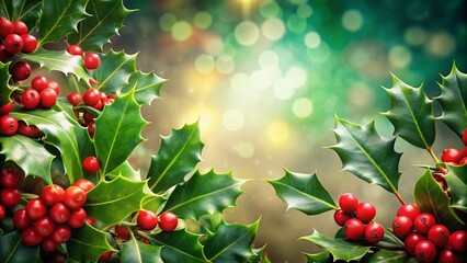 Christmas Holly Border, Red Berries, Green Leaves, Long Exposure Photography, Festive Holiday Background