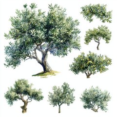 Watercolor illustration of Olive tree from top view on white background, potential usecase for botanical, gardening, or culinary themes Generative AI