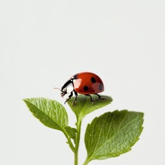 Obraz premium A vibrant ladybug rests on a green leaf, showcasing its striking red shell and black spots against a minimalist background.