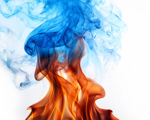 Fototapeta premium Perfect for backgrounds, the contrast and drama of vivid fire and vivid blue smoke against a white background