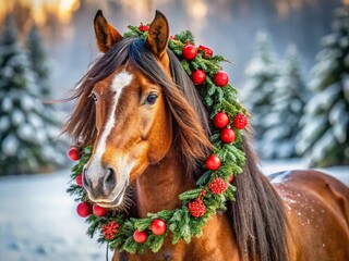 Christmas Stallion Macro Photography: Majestic Horse Portrait with Festive Wreath