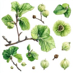 Watercolor illustration of Corylus avellana, Hazel, view from top, isolated on white background, for botanical and nature designs Generative AI