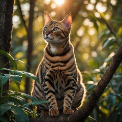 Fototapeta premium A Bengal cat climbing a tree in a jungle during a glowing sunrise.