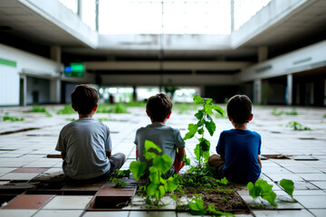 Naklejka premium Three children sit on a floor overtaken by plants, symbolizing nature's resilience in an abandoned space, evoking a sense of curiosity and hope.