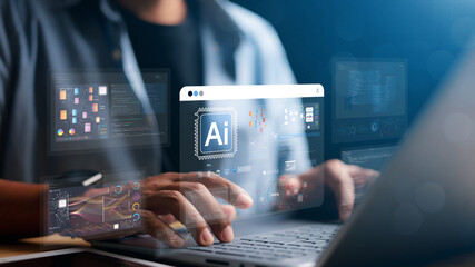 AI Artificial Intelligence. Businessman using AI technology for data analysis, coding computer...
