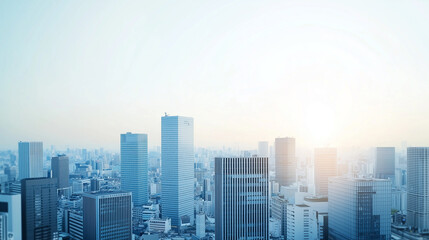 Fototapeta premium City Skyline Dawn: A serene and minimalist cityscape bathed in the soft glow of dawn, showcasing the architectural grandeur of a modern metropolis. The image evokes a sense of tranquility, ambition.