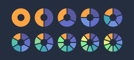 Pie charts diagrams. Set of different color circles isolated. Infographic element round shape.