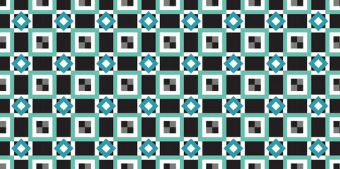 Seamless vector pattern texture background with geometric shapes, colored in blue, black and white
