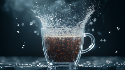 Coffee Beans Splash: A dramatic, high-speed photo captures the moment coffee beans hit hot water, creating a captivating splash of energy and aroma. The image evokes the invigorating start to the day.
