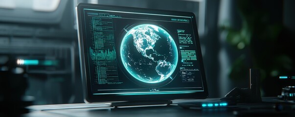 Futuristic Business Partnerships for Environmental Awareness concept. High-tech interface displaying a globe on a futuristic screen.